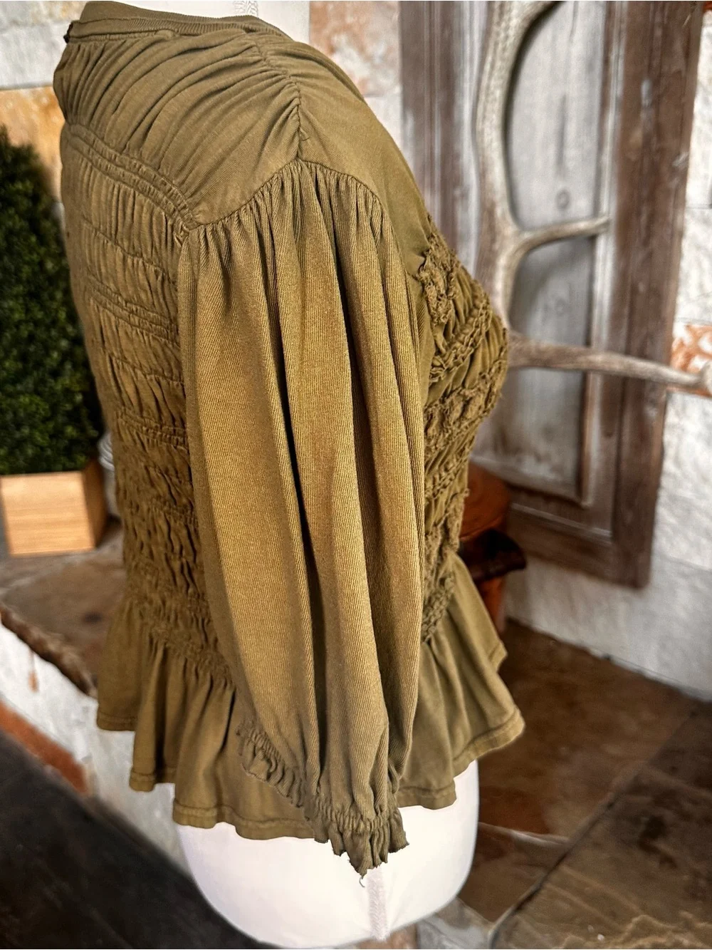 Free People Olive Smocked Long Sleeve Peasant Top Dress